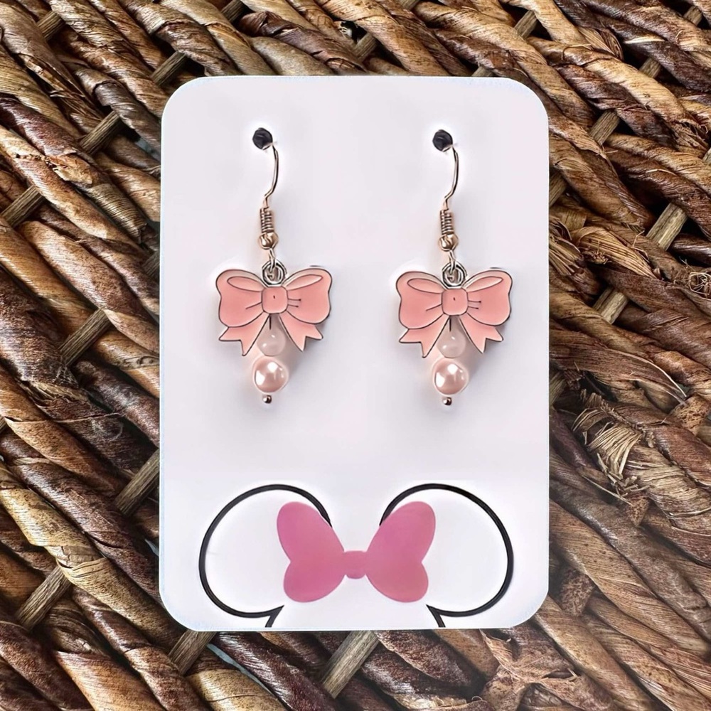 New Handmade Pink & Gold-Tone Dangling Bow Earrings Inspired by Minnie Mouse